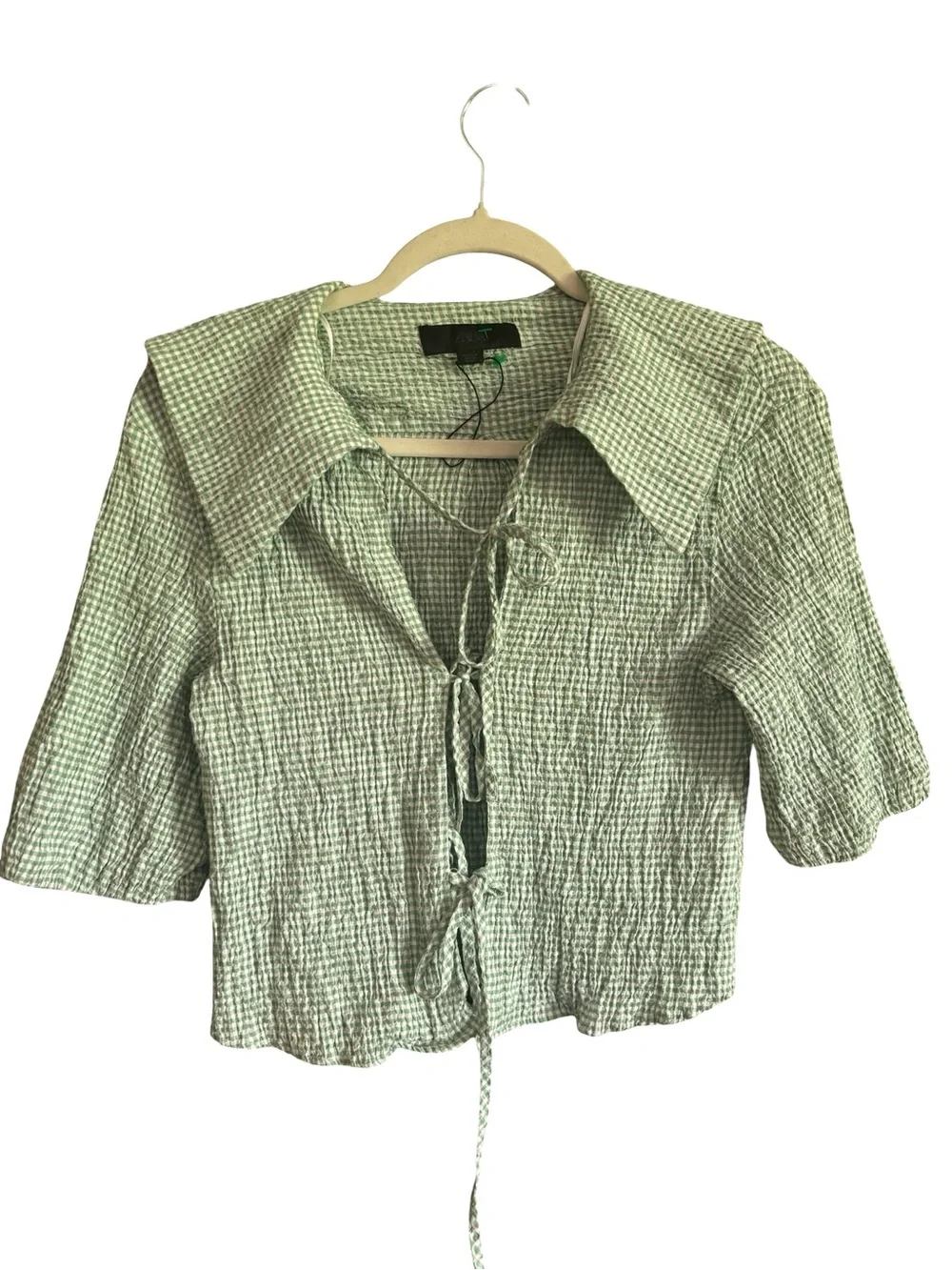 ZARA Sage Green Gingham Tie Front Milkmaid Top Cottagecore medium